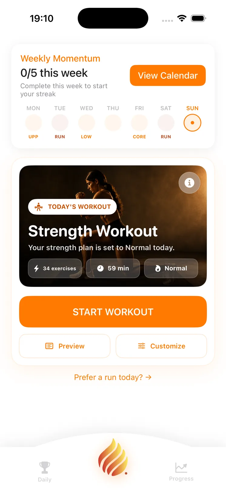 The FitBoost home screen showing today’s strength workout and the week’s momentum