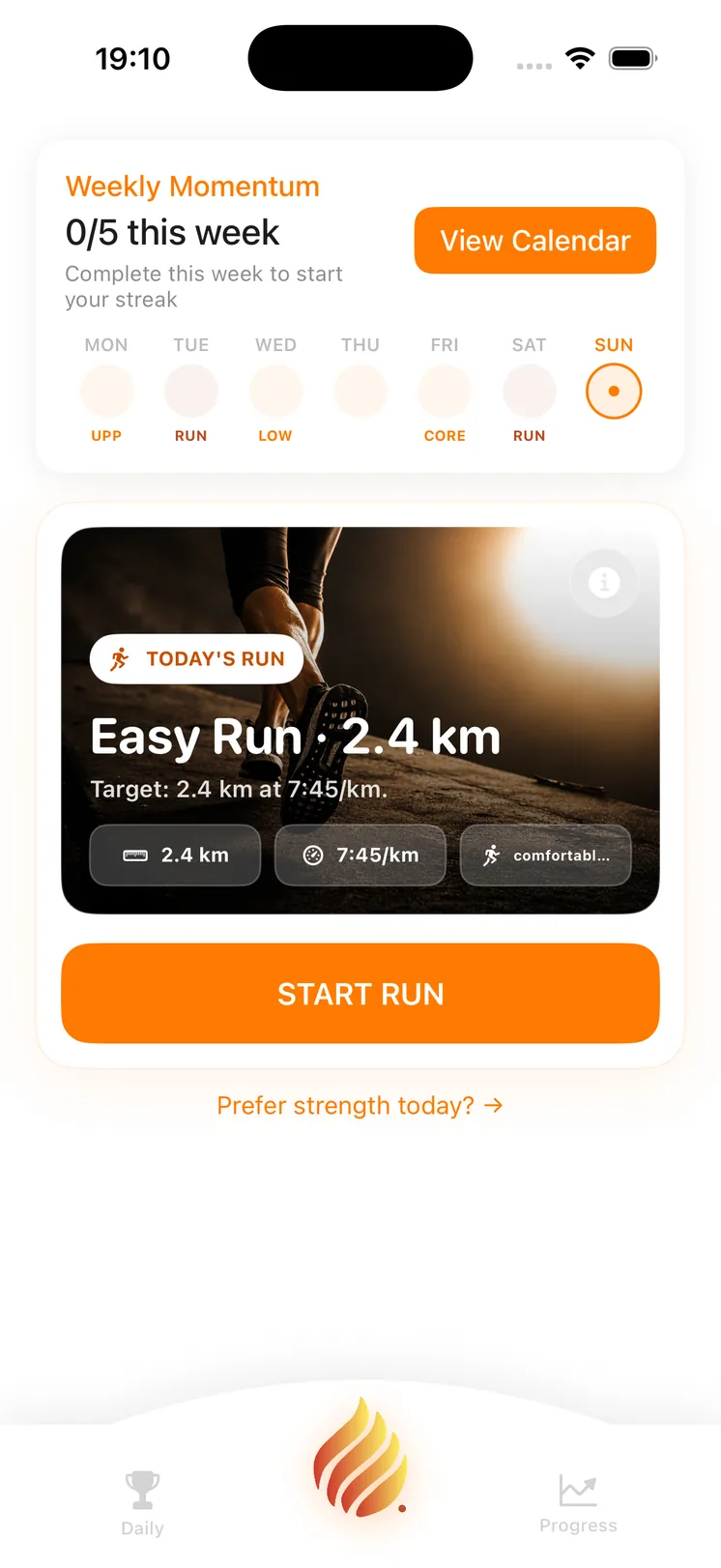 The FitBoost home screen showing today’s easy run with its distance and target pace